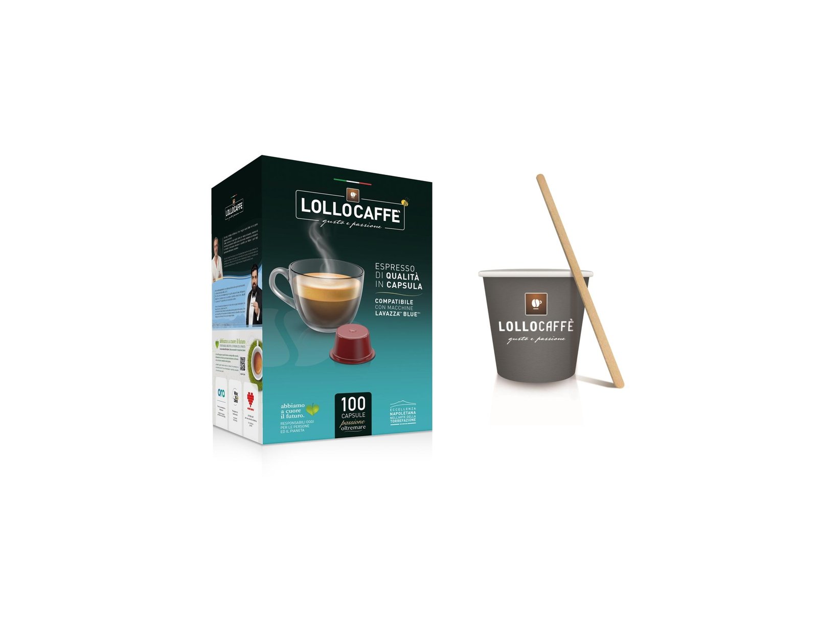Lollo Caffè капсули Lavazza Blue, ORO, 100 броя + Сет аксесоари за кафе (чаши, бъркалки, захар), 100 броя