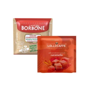 Caffè Borbone филтър дози ROSSA, Ф44, 100 броя + Lollo Caffè филтър дози КАРАМЕЛ Ф44, 30 броя